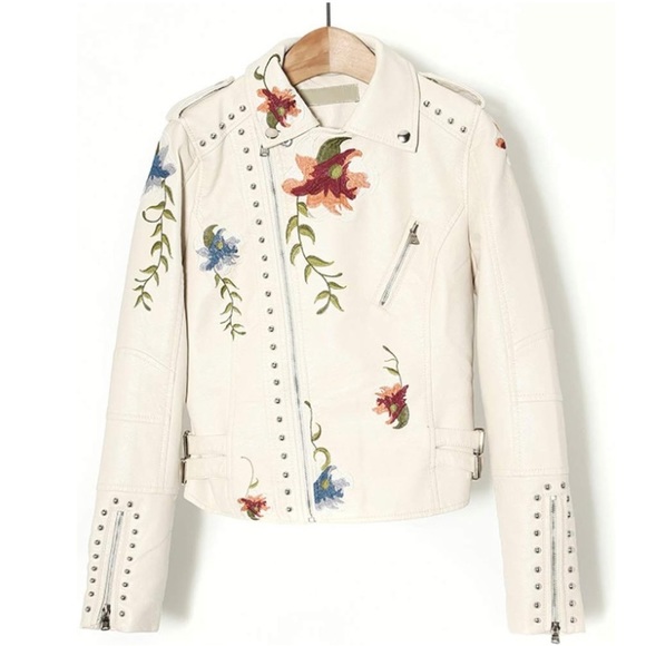 🎉New Chic Ivory Floral Print Embroidery FauxLeather Moto Jacket - Picture 9 of 16
